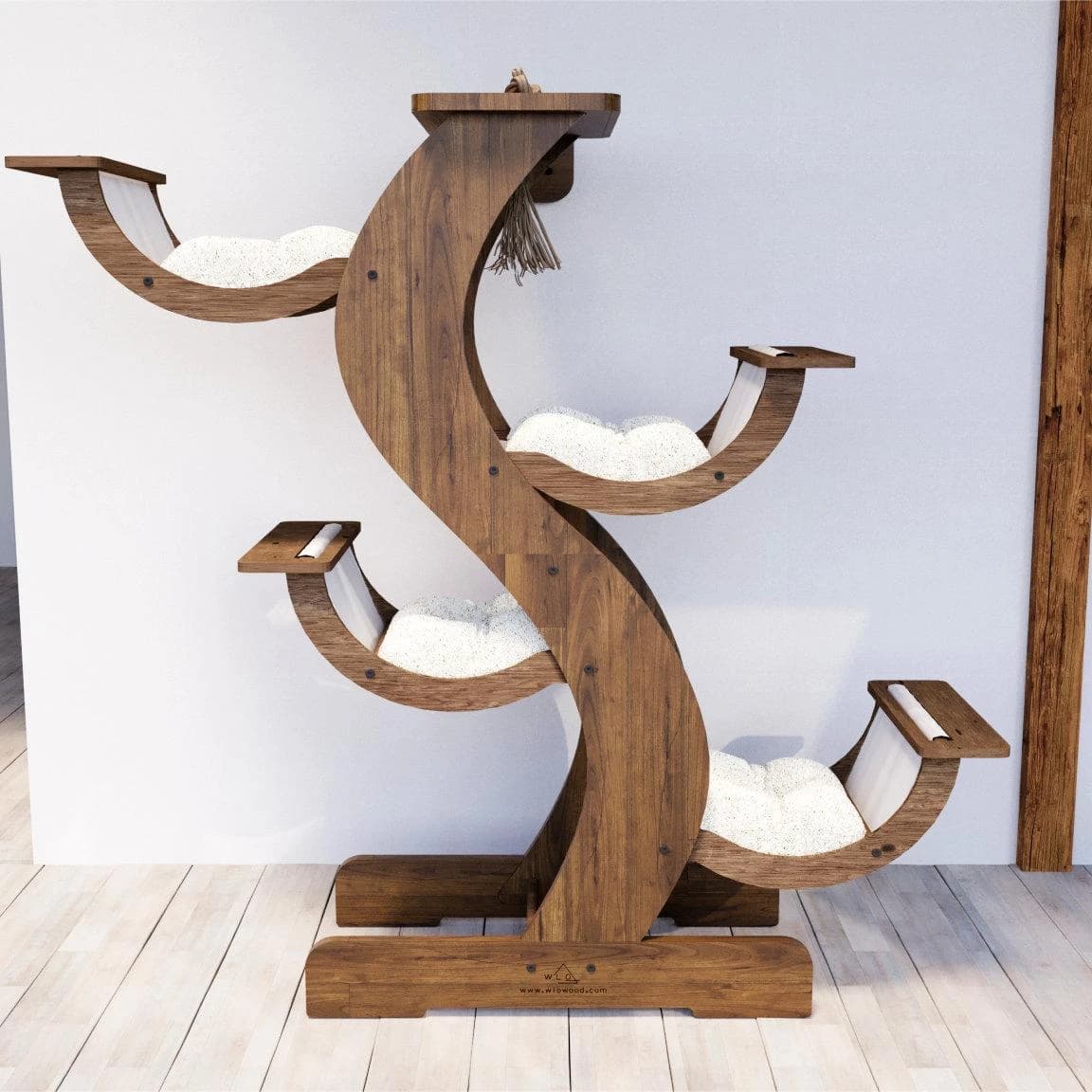 Luxury Durable Modern Solid Wood Cat Tree Tower Climbing Stand Rustic Walnut