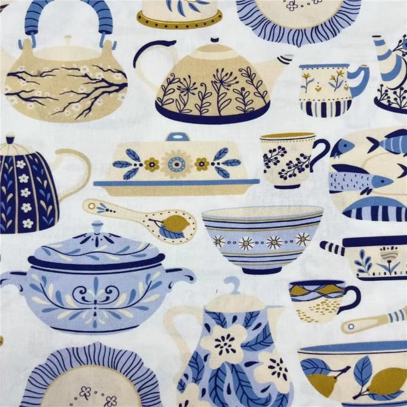 Blue White Porcelain Print Cotton Plain Weave Fabric Retro DIY Handmade Sewing Shirts Frame Purses Curtains Tablecloths Material