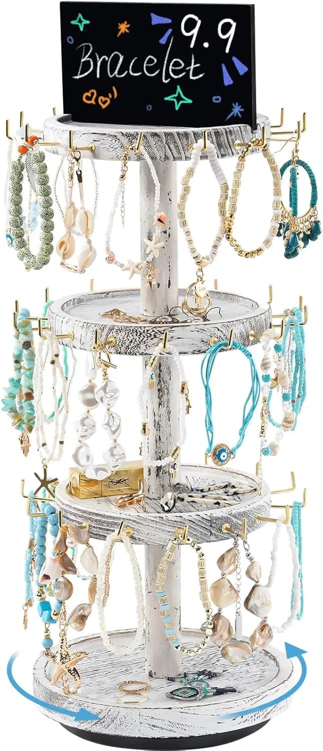 Porta Bracciali Girevole in Legno a 4 Livelli, Rotazione a 360° ° Espositore Girevole per Bracciali con 42 Ganci e Base a Vassoio, Organizzatore Rustico a Forma di Albero per