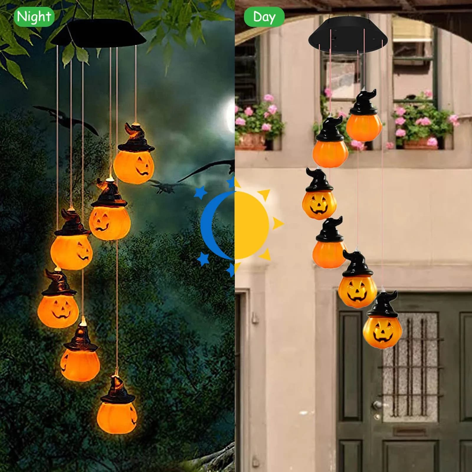 Halloween Solar Wind Chime Lamp, Witch Hat Pumpkin Wind Chime Light, LED Hanging Light for Outdoor Garden Yard Decor