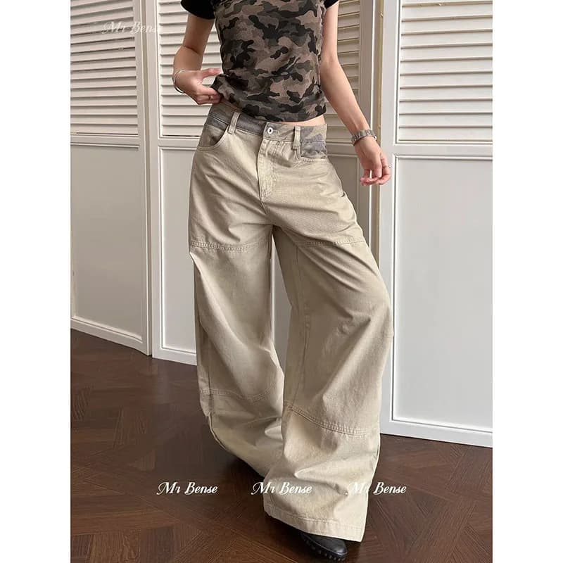 Women Designer Style Camo Spliced Deconstructed Cargo Jeans Buckle‑Back Detail High Street Hip‑Hop Loose Draped Denim Trousers