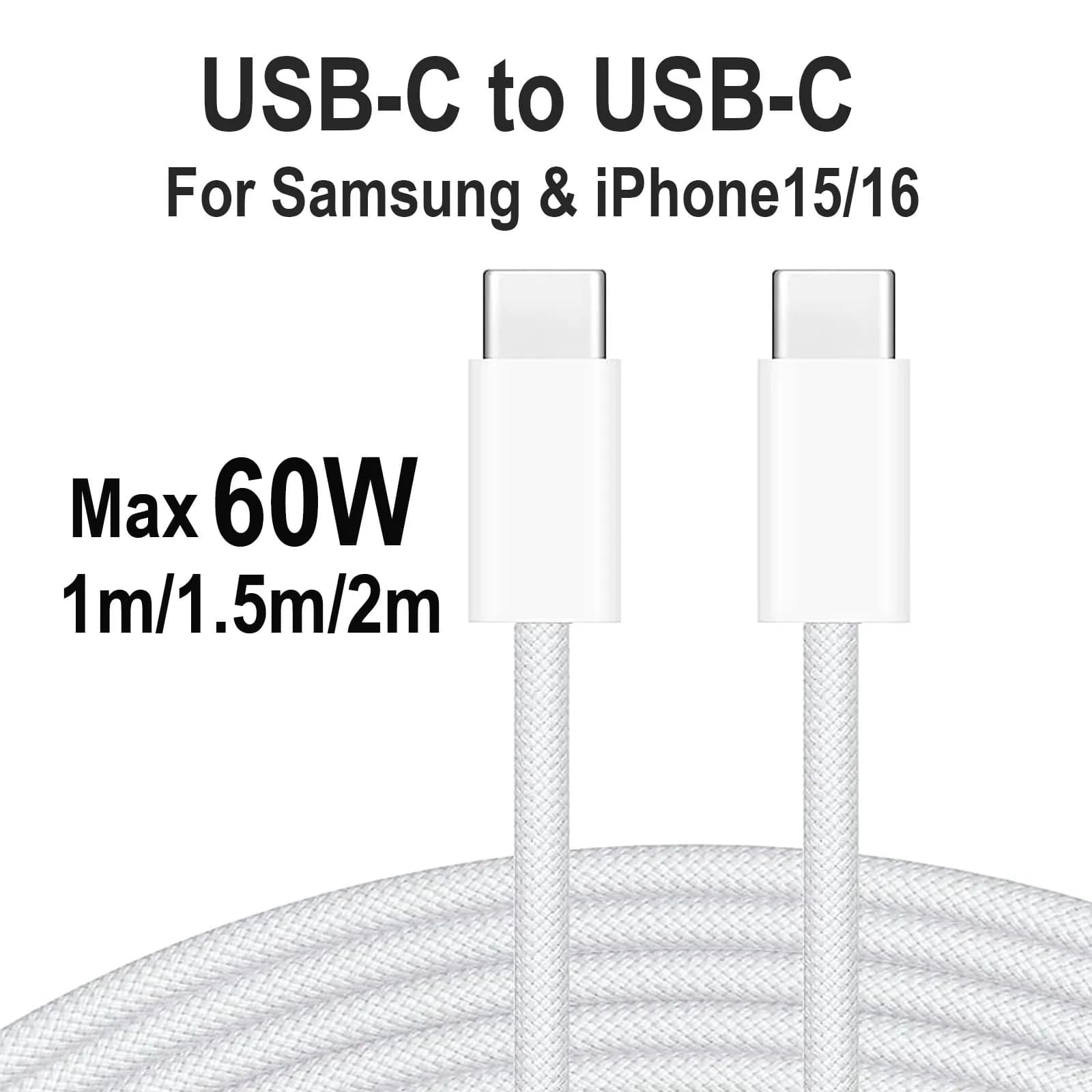Cavo di ricarica rapido da USB-C a USB-C intrecciato in nylon da 60 W per iPhone 16/15, Samsung S24/23/22, iPad Pro, MacBook Air/Pro.