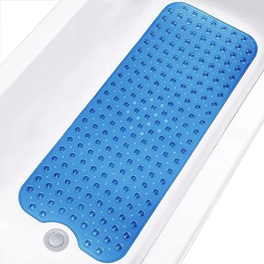 Bathtub and Shower Mats, Extra Long Non-Slip Bath Tub Mat 39 x 16 Inch, Machine Washable Bathmat with Suction Cups and Drain Ho