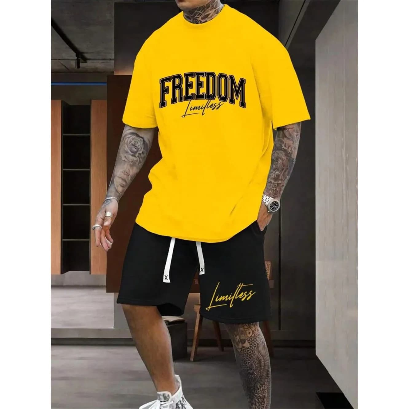 Men's Summer Two-piece Street T-shirt Casual Free Letter Print Seven-quarter Sleeve Autumn Wear Fashionable Men's Outfit
