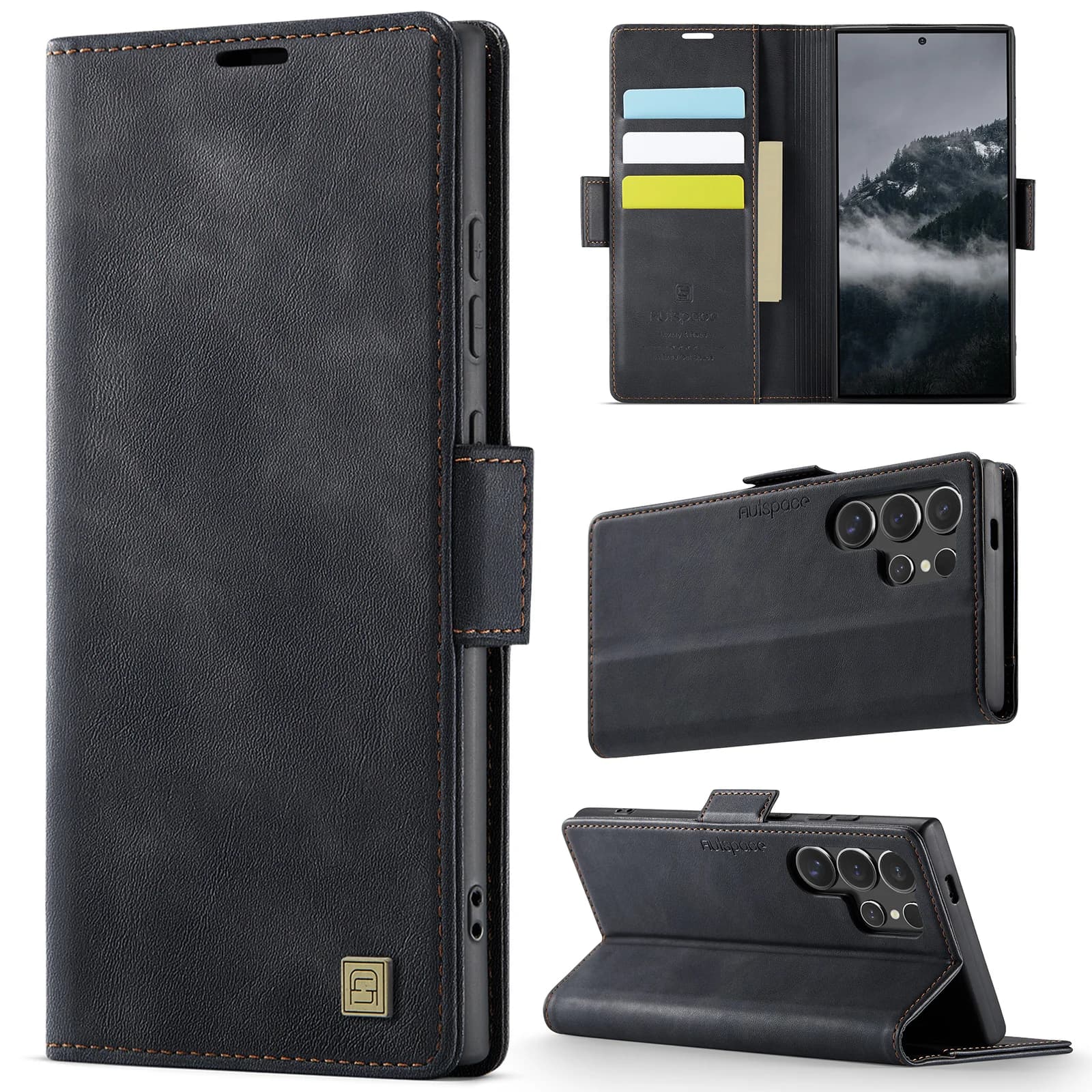 Custodia a portafoglio con blocco RFID AutSpace per Galaxy S25 Ultra S21 S22 S23 S24 Porta carte Custodia a libro in pelle con vibrazione magnetica Funda