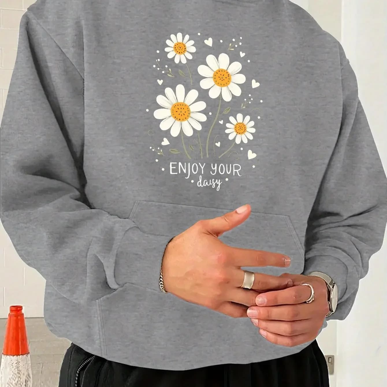Men Fleece‑Lined Hoodie Cute Daisy Flower Heart Graphic Front‑Print Casual Loose Sweatshirt