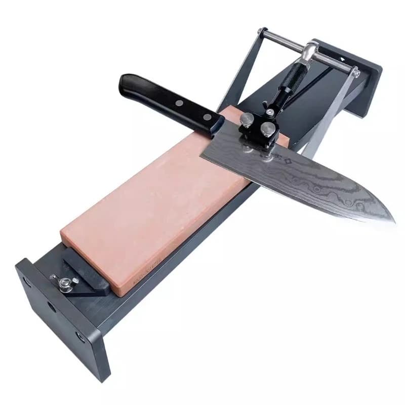 Stone door for sharpening knives, sharpening system mounted on kitchen sink with corner guide with anti-slip stone base for sharpening, domestic use