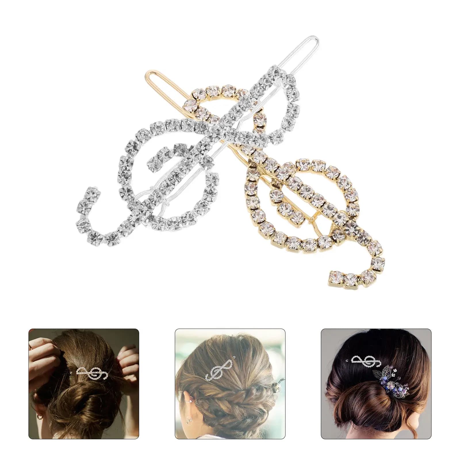2 hair clips with musical note shaped rhinestones, elegant vintage metal clips, hair accessories for parties and weddings, vintage metal clip