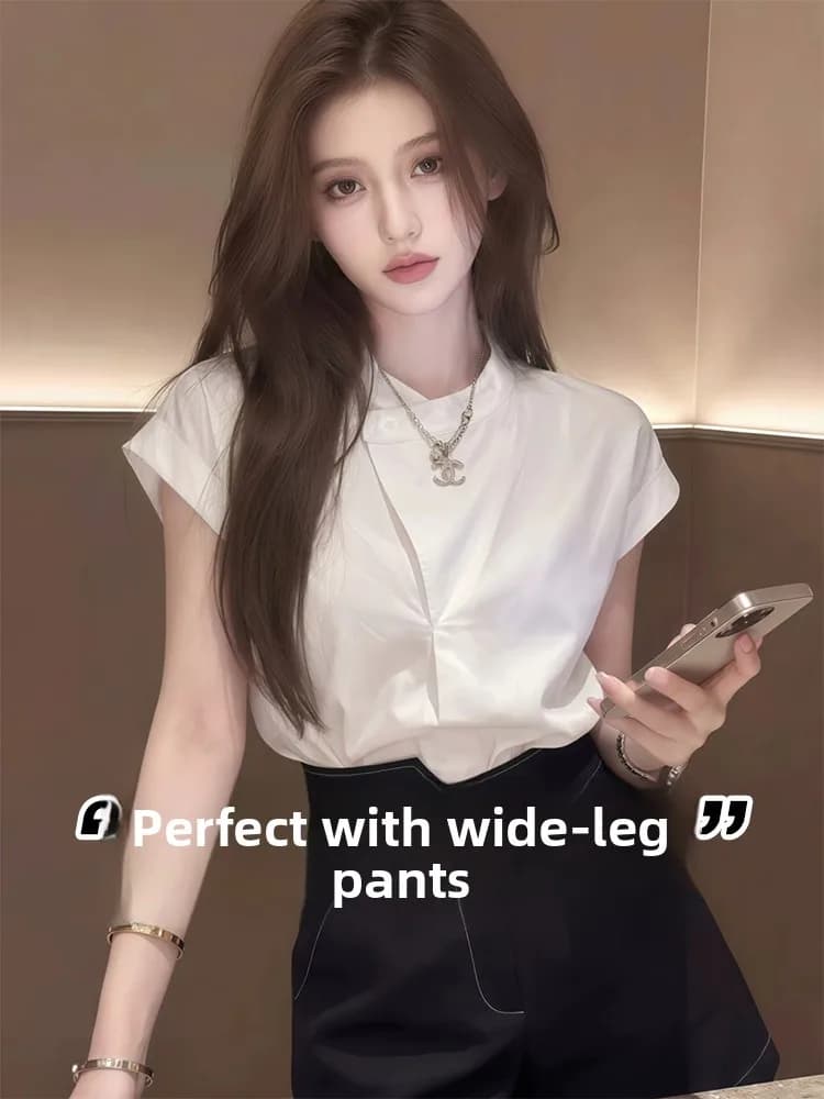 White Short Sleeve Shirt Women's Summer Outdoor Professional Formal Commuting Asymmetrical Beautiful Top Underwear