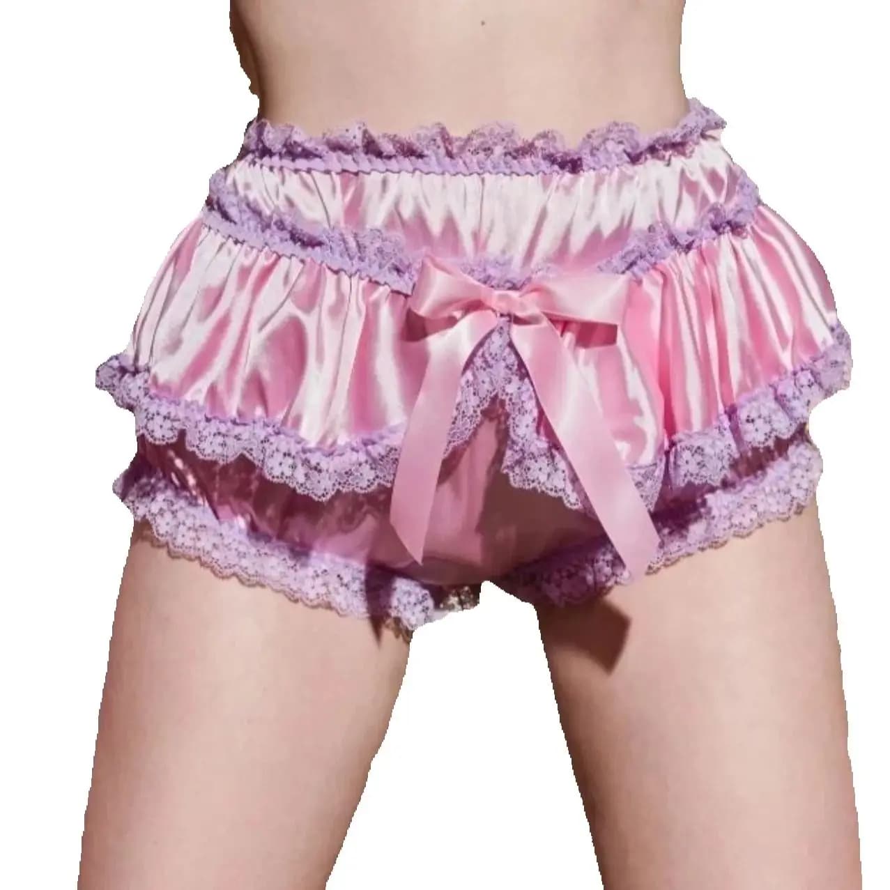 Sexy cross dresser women's satin pleated underwear with silky touch lace border French bow super feminine style
