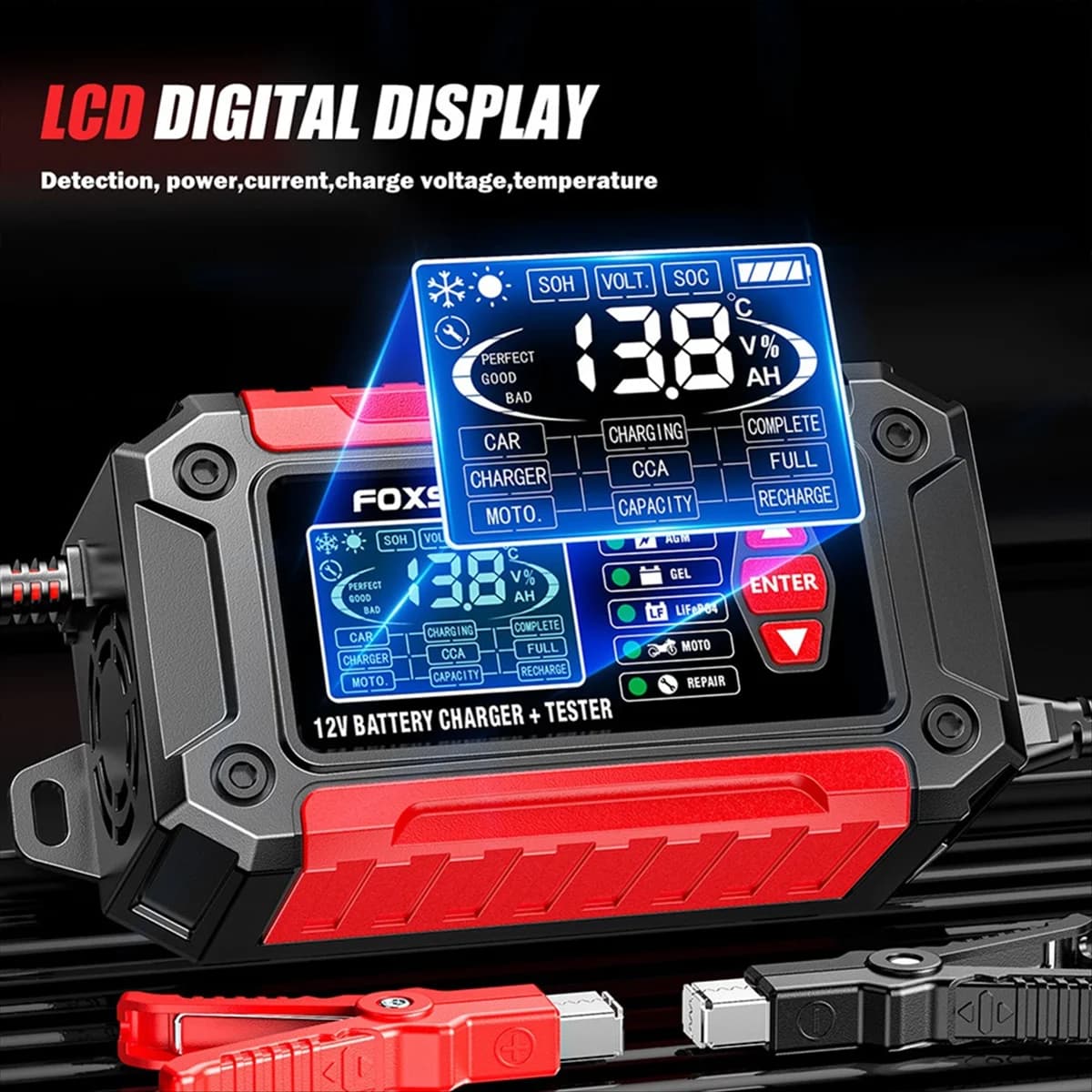 HHTL 2 in 1 Tester per caricabatteria per auto intelligente, caricabatteria intelligente LiFePo4 a ciclo profondo al piombo per auto moto 12V Spina UE