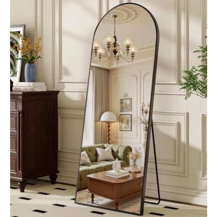 Specchio ad arco a tutta lunghezza per camera da letto, soggiorno, bagno, ingresso; cornice in alluminio nero spazzolato; vetro HD infrangibile