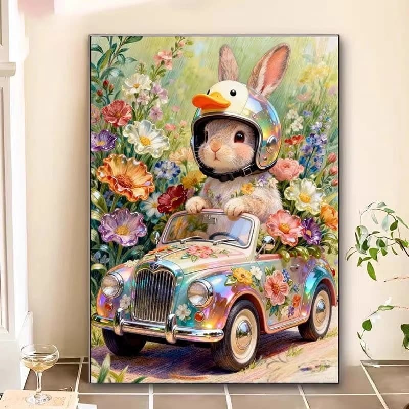 5D DIY Diamond Painting Kit Cute Driving Rabbit Cartoon Art Full Drill Rhinestone Mosaic Wall Decor Gift for Adults Frameless