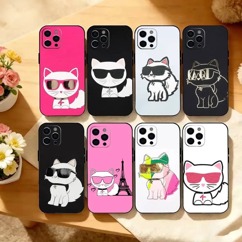 Custodia per telefono M-Mini C-Cartoon a forma di gatto carino per iPhone 17, 16, 15, 14, 13, 12, 11 Plus, Pro Max, XS, in morbido silicone nero