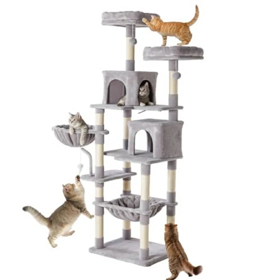 Albero per gatti multi-livello grande da 71 pollici con casetta, posti di grattamento in sisal naturale, piattaforma, amaca e cestino, alto, per interni