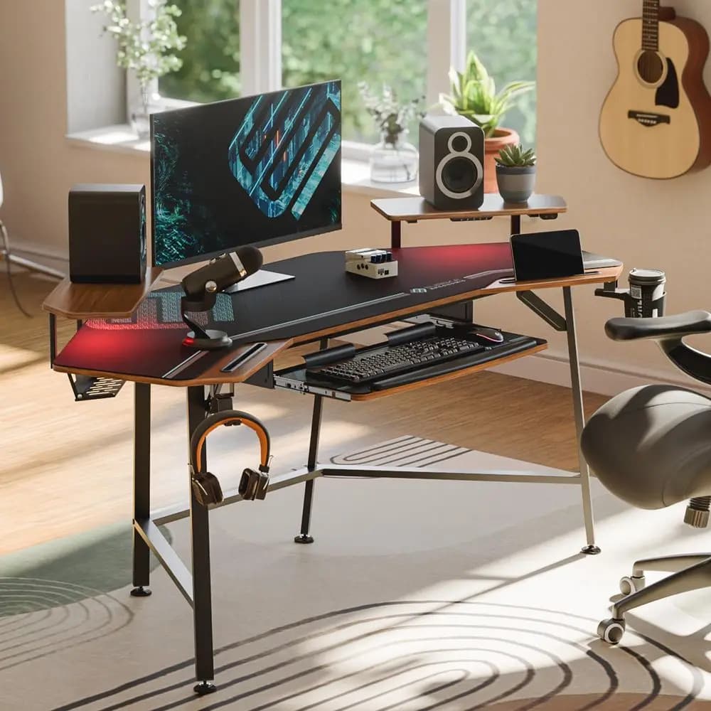 Scrivania da Gaming 72 Pollici con Vassoio per Tastiera, Scrivania a Forma di Ala per Studio Musicale, Grande Tavolo per Computer con Supporto Monitor LED Convertibile e Doppio Porta Cuffie