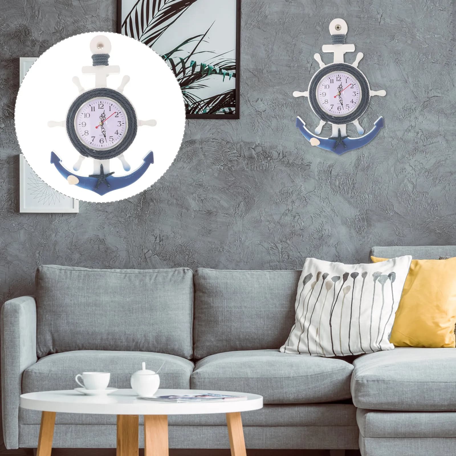 Orologio da Parete in Legno e Plastica Stile Mediterraneo, Design Creativo con Ancora e Stella, Decorazione per la Casa con Superficie a Specchio Trasparente