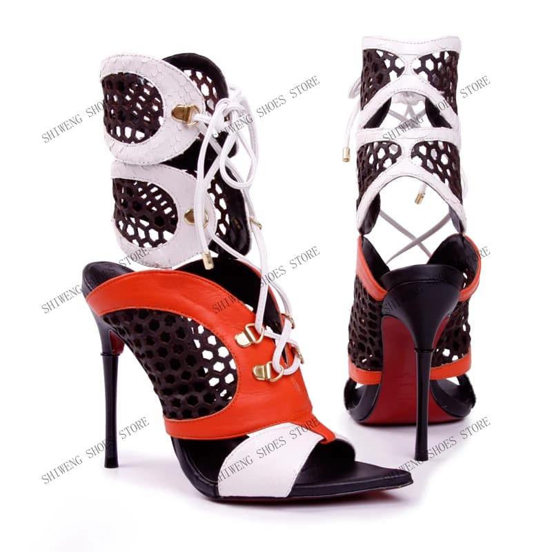2026 Women Peep Toe Corss Tied Patchwork Ankle Boots Sexy Thin Heel New Arrivals Fashion Women Mesh Shoes