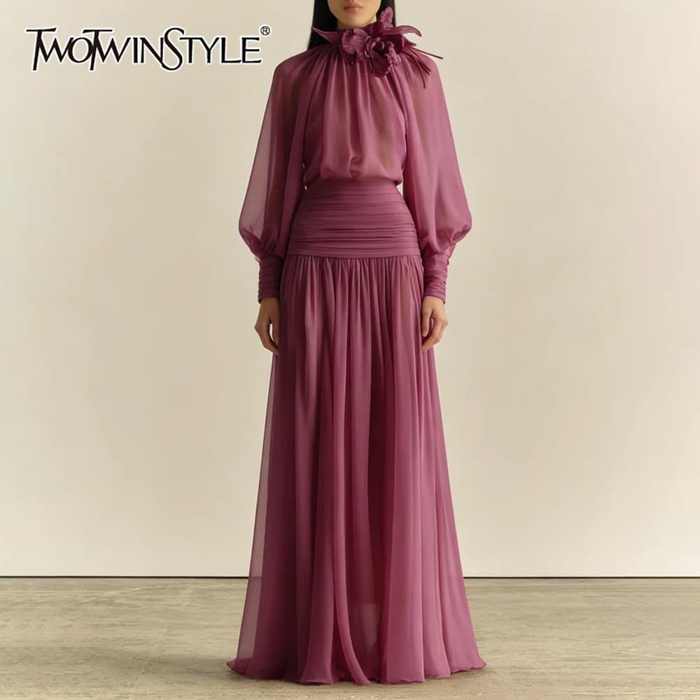 TWOTWINSTYLE Set Due Pezzi Floreale Patchwork per Donna, Top a Collo Alto a Maniche Lunghe e Gonna a Vita Alta Linea A, Nuovo Completo Femminile