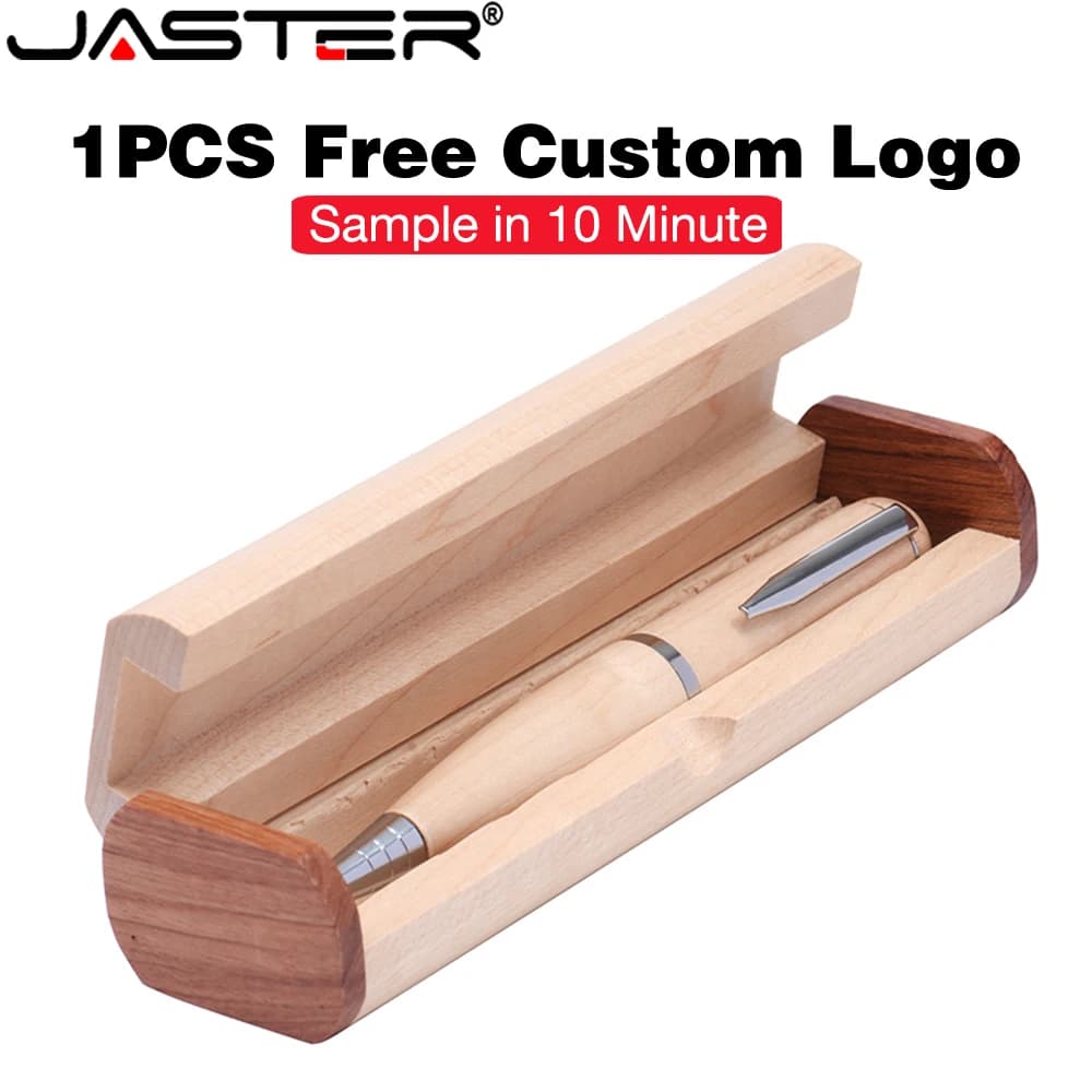 JASTER 1 pz Stampa a colori gratuita Logo Pen Drive Penna a sfera in legno con scatola di legno Chiavetta USB 32 GB 64 GB Scheda di memoria U Disco