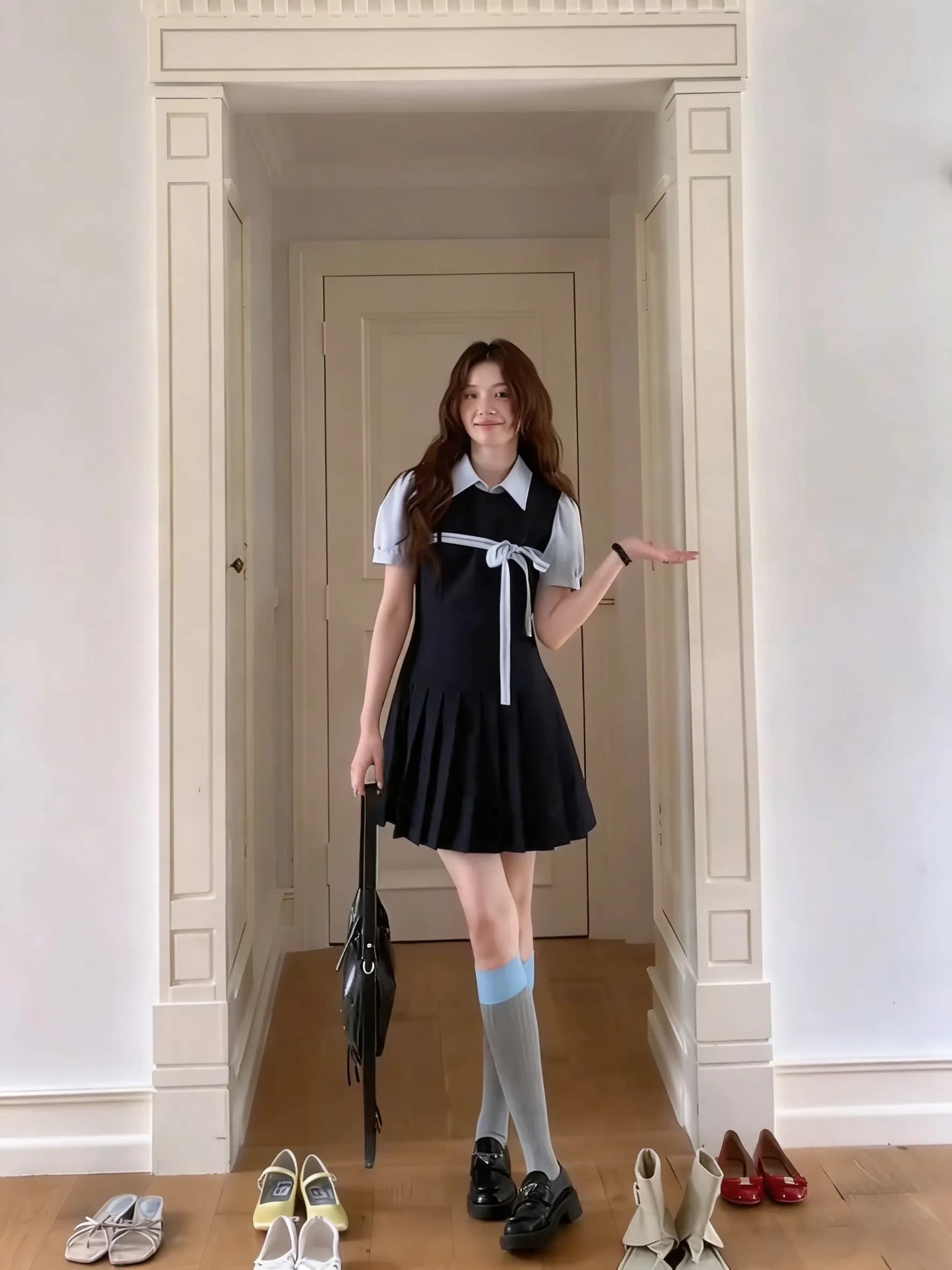 Sweet Miu Style College Fashion Dark Blue Pleated Short Skirt Women's Dress Spring New Arrival Fake Two-Piece Design A-Line S...