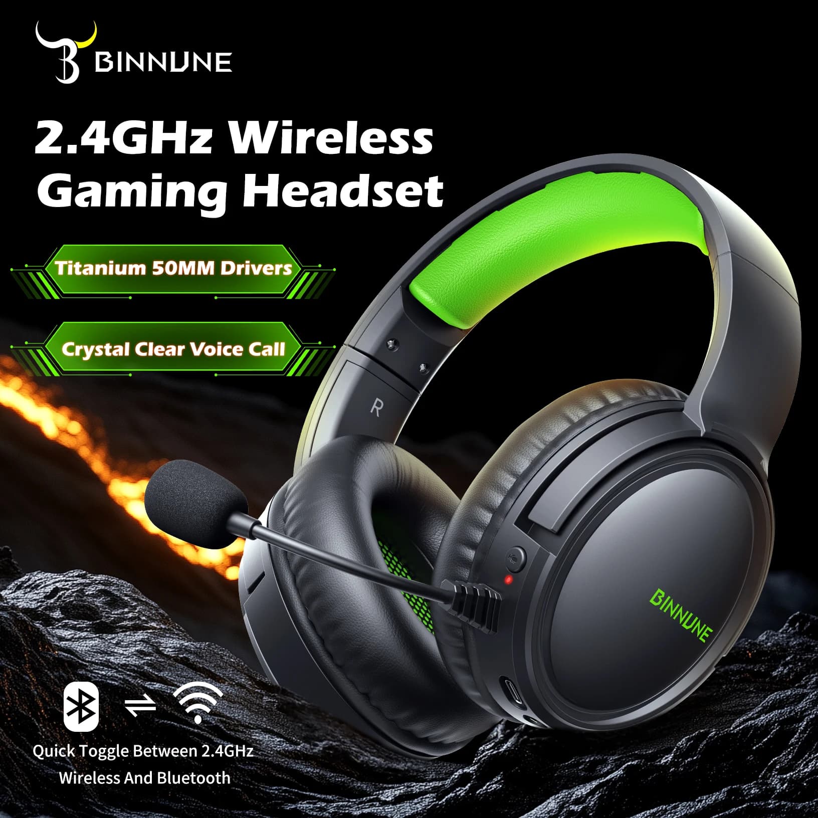 BINNUNE 2,4 GHz BW02 wireless gaming headset with tipping microphone Bluetooth Gamer headphones for Ps5/4, PC, Mac, laptop, computer