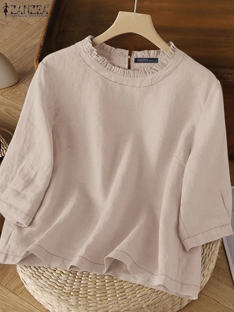 2025 ZANZEA Donna Autunno Manica 3/4 Solid Camicette Casual O Collo Blusas Camicia da lavoro allentata Tunica femminile Top Mujer Oversize Chemise