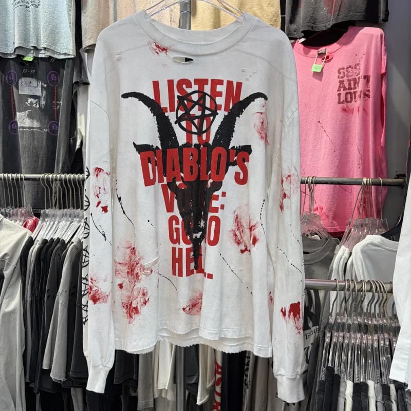 Splashed Ink Hole Damaged Long Sleeve Saint T Shirt Evil Star Print Cothes Men Women Vintage Washed Loose Stain T-shirt Tops Tee
