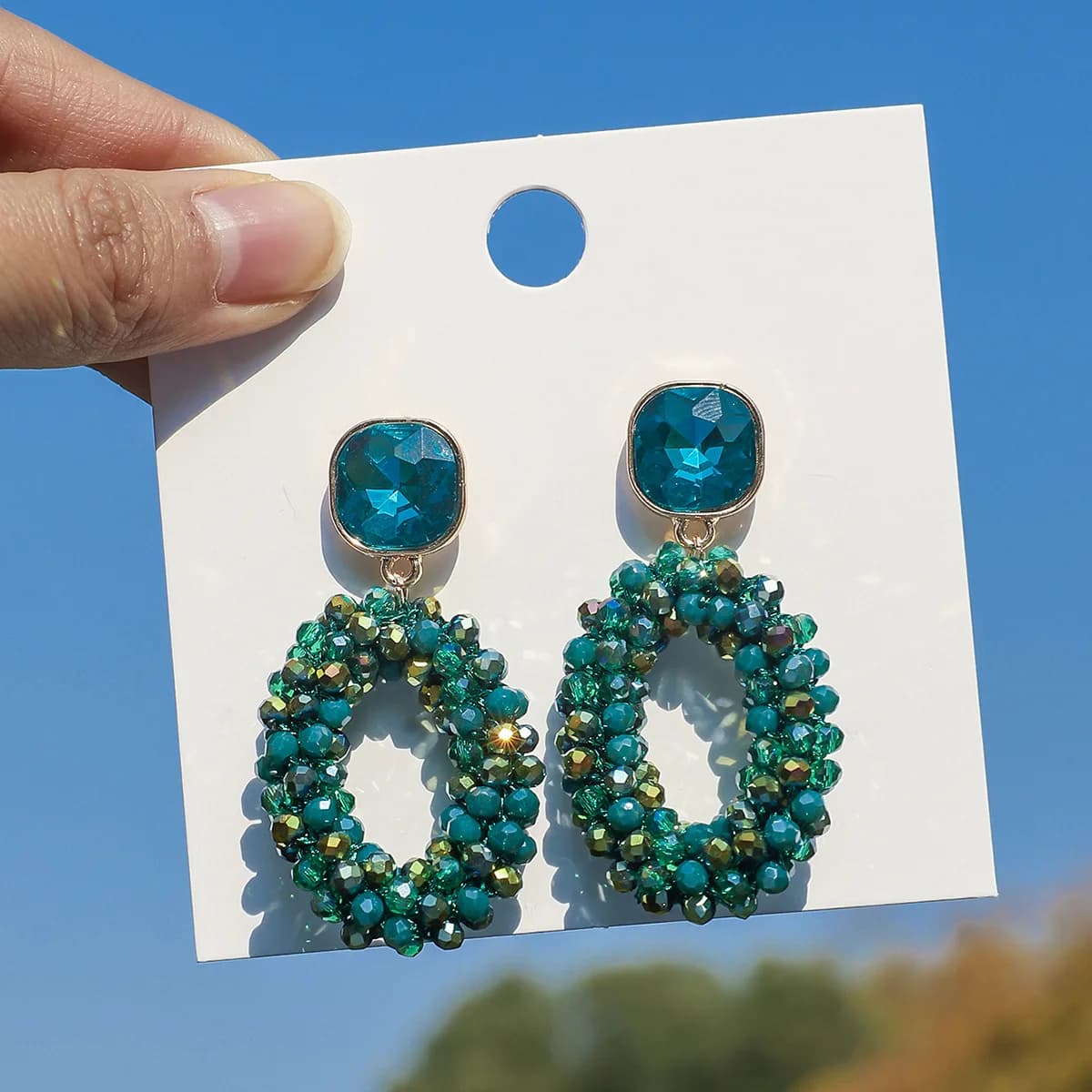 Orecchini con perline di riso ZGMXR, a cerchio, con cristalli intrecciati, in stile bohémien, colorati, in lega, fatti a mano, da donna, retrò, semplici, con perline.