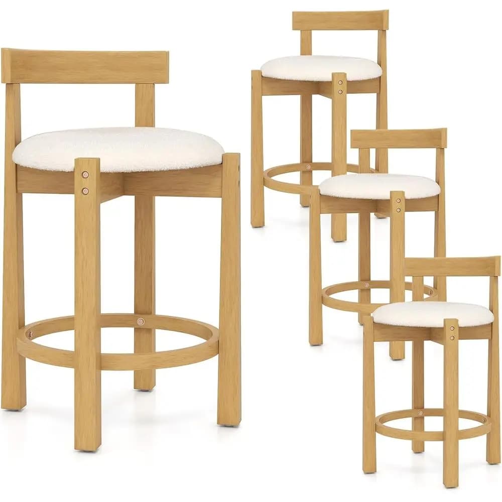 Set di 4 sgabelli da bar ad altezza bancone in legno naturale con rivestimento in velluto Teddy e poggiapiedi