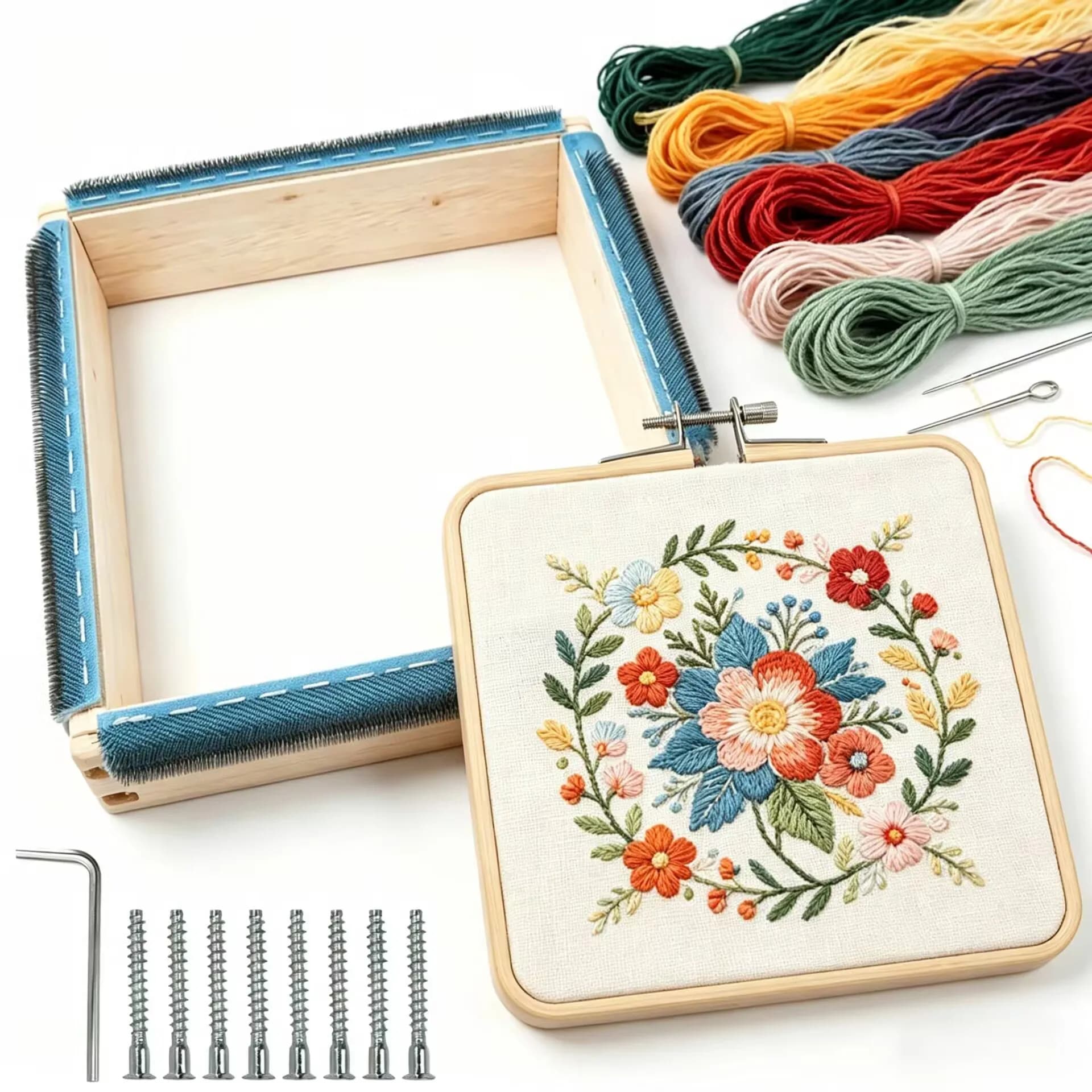 Telaio per Punch Needle Quadrato con Strisce di Legno per Fissaggio e Aghi, per Ricamo, Cucito Fai da Te, Pittura su Tessuto, Quilting e Tufting di Tappeti