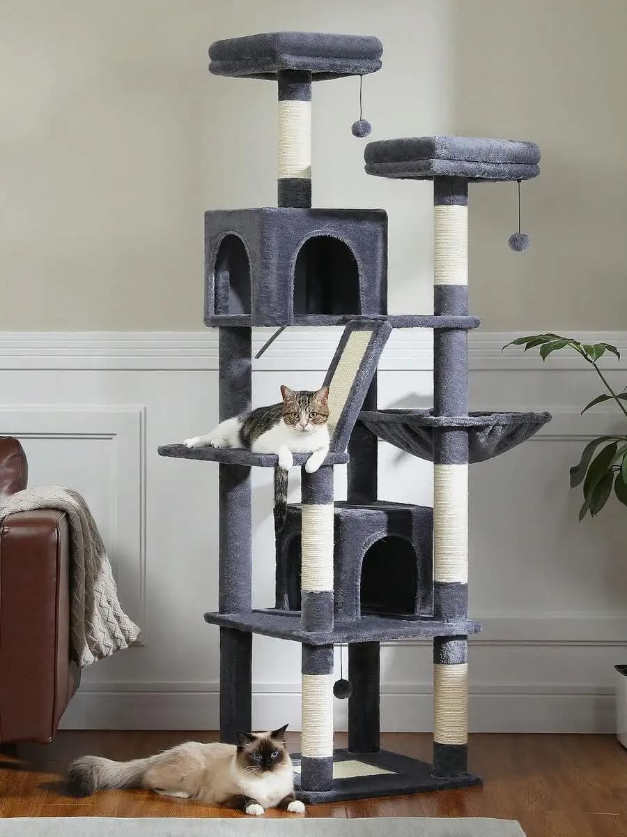 Road 70.9" Flower Cat Tree, Tall Cat Tree For Indoor Cats, Large Cat Tree For Large Cats, Multi-Level Tall Cat Tower With 6 Scratching Posts, 2 Cat Condos, 2 Perches, Large Hammock, Pompoms, Deep Grey