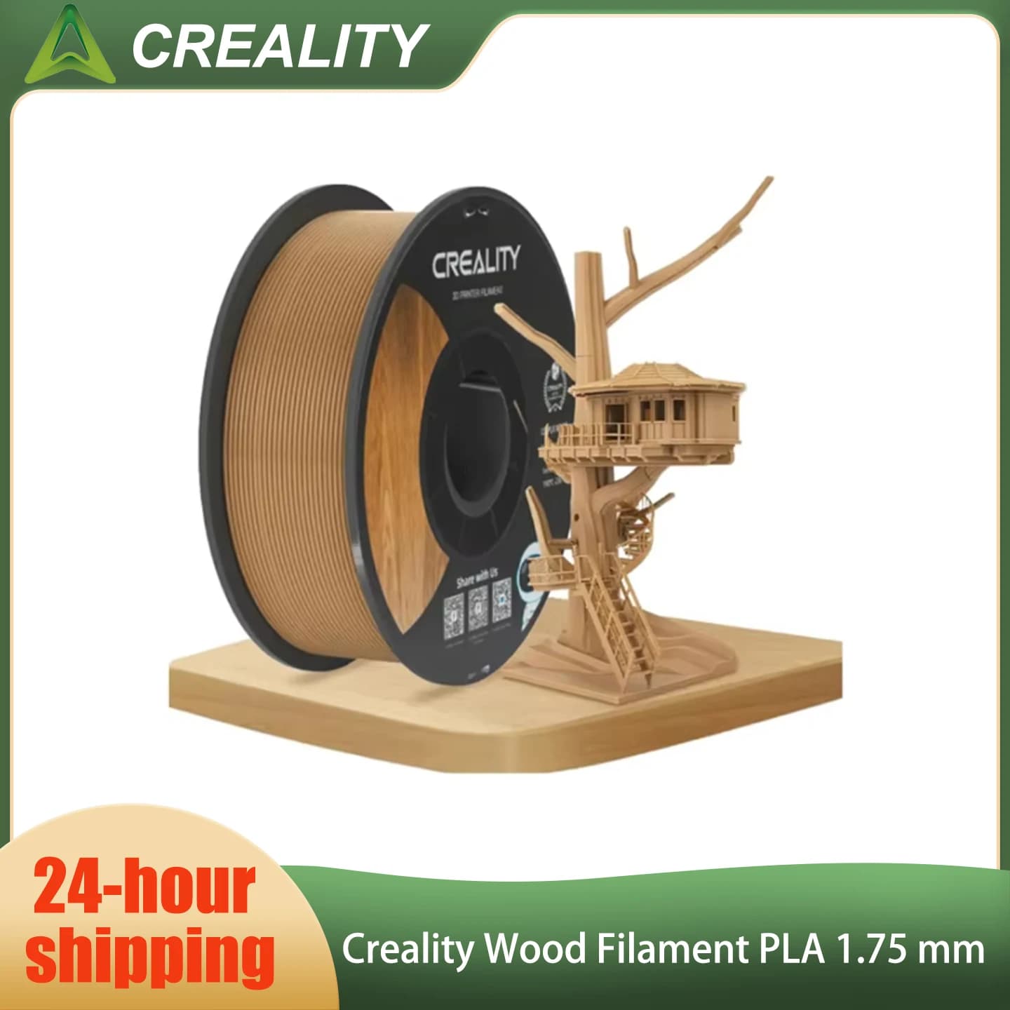 Creality Wood PLA 1.75 mm thread for 3D printers, wood effect, smooth silky texture, high strength, 1kg/bobin, 3D printing filament