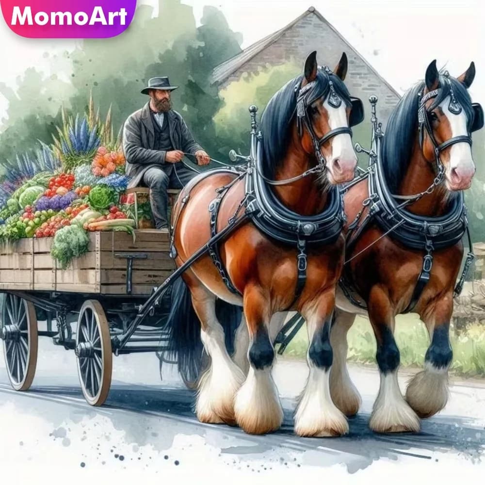 Momoart Kit Ricamo Diamantato Cavallo, Pittura Animale, Punto Croce, Mosaico Diamantato Fai da Te, Carrozza, Nuovo Arrivo, Decorazione per la Casa