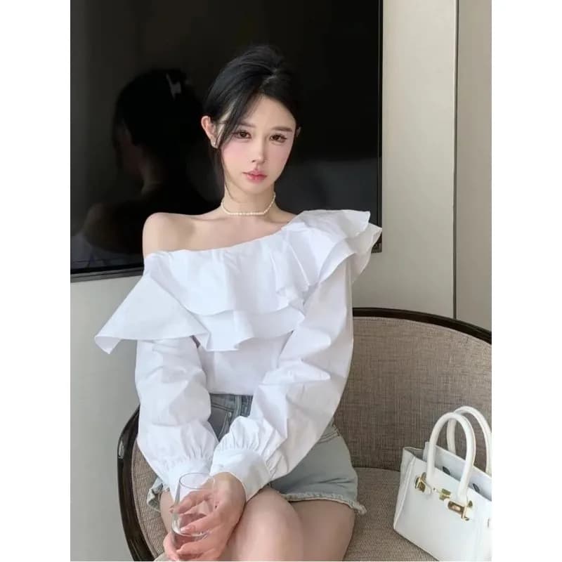 Long sleeve shirt with uncovered shoulders and double layered volant with mature and elegant French temperament Top wide woman