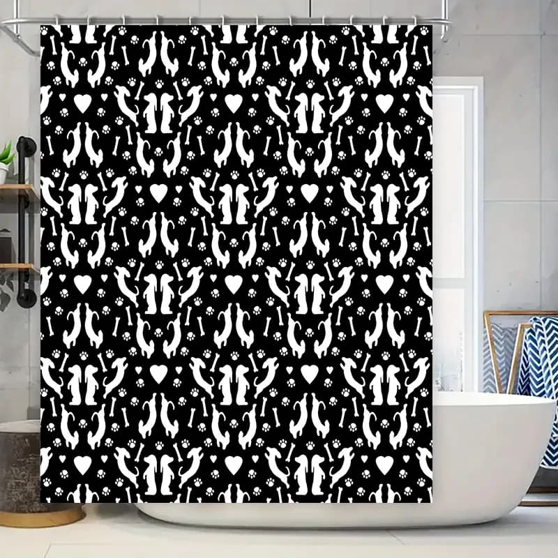 Set tenda da doccia canina bianca nera: idee per la decorazione del bagno per gli amanti dei cani Un elegante set di accessori da bagno caratterizzato da un giocoso