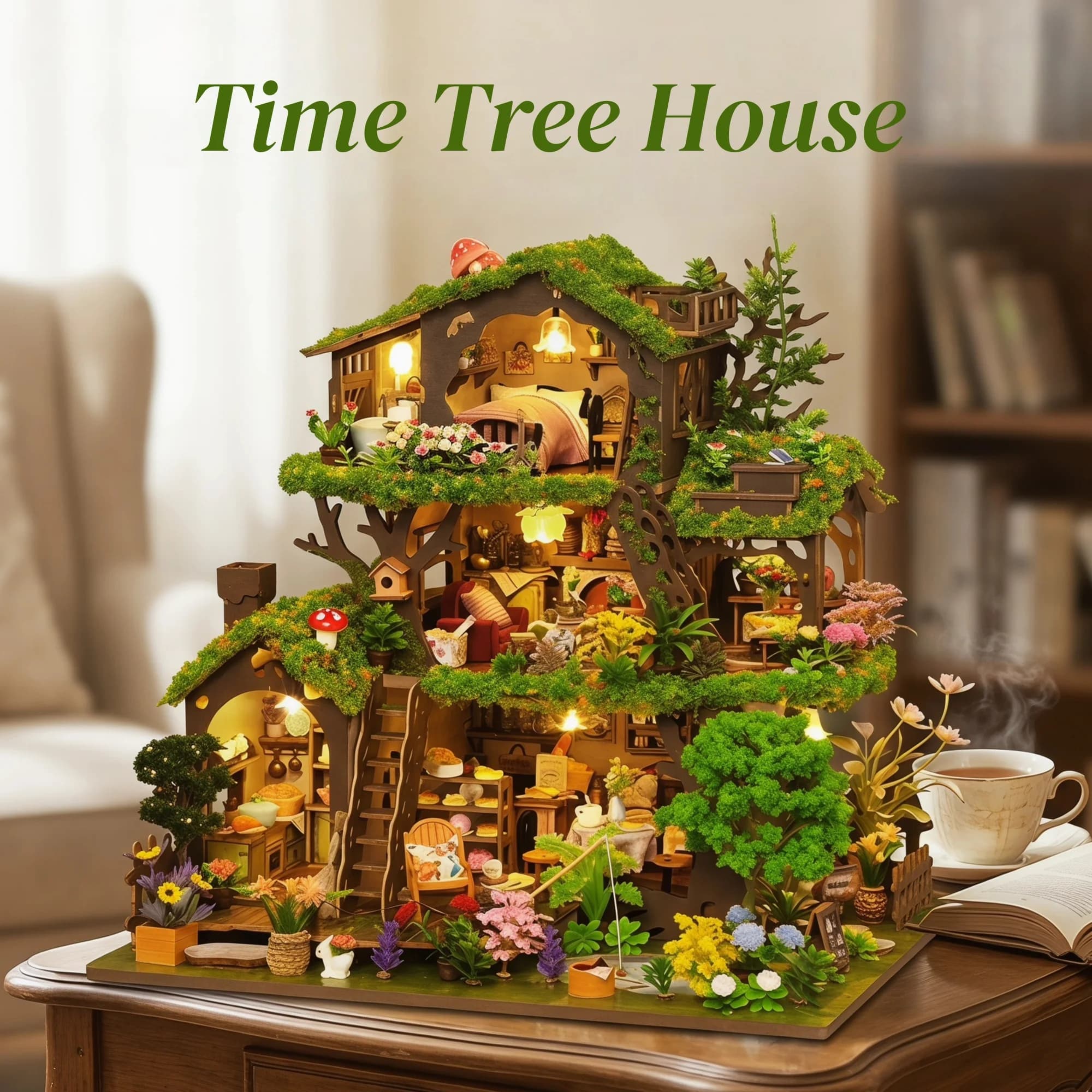 DIY Wooden Time Tree House Forest Cottage Figurines Miniatures Kits Assembled Casa for Friends Birthday Gifts Home Decor Crafts