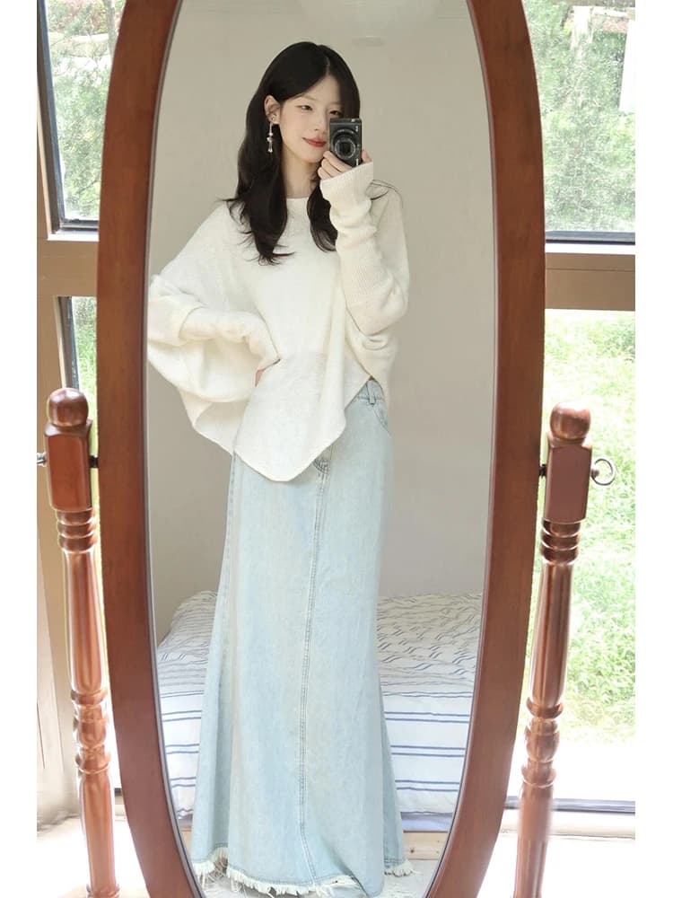 Slimming High Waist Light Blue Denim Half Skirt with Frayed Hem for Women Mid-Length A-Line Skirt Draping Fish Tail Style
