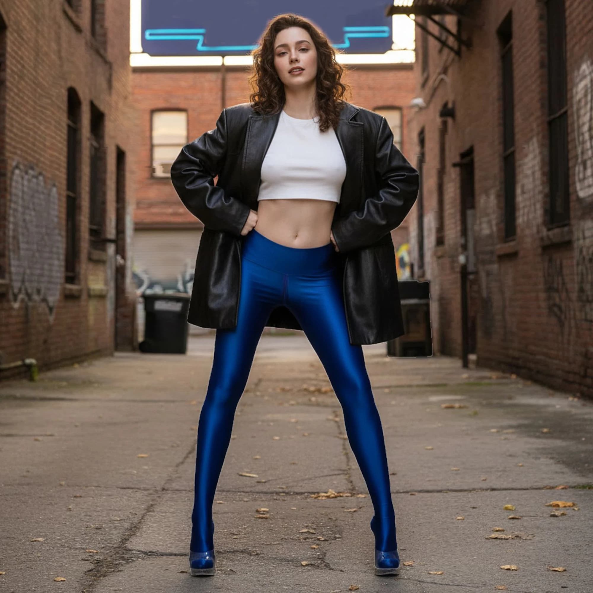 Leggings sportivi da donna lucidi ed elasticizzati con cerniera, push-up, per fitness e yoga, che esaltano i glutei, aderenti.