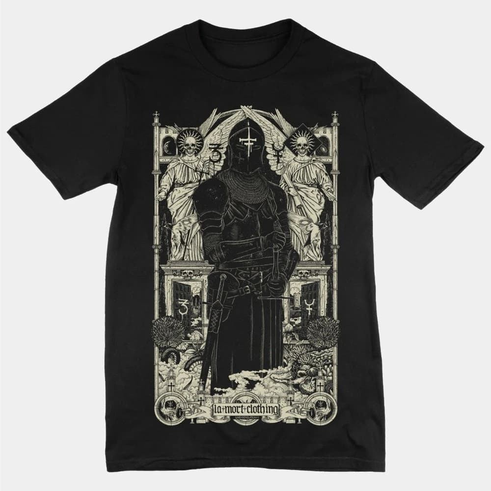 Black T-Shirt Gothic Medieval Knight Castle Print Dark Fantasy Style Suitable for Machine Washing Ideal for Medieval Events