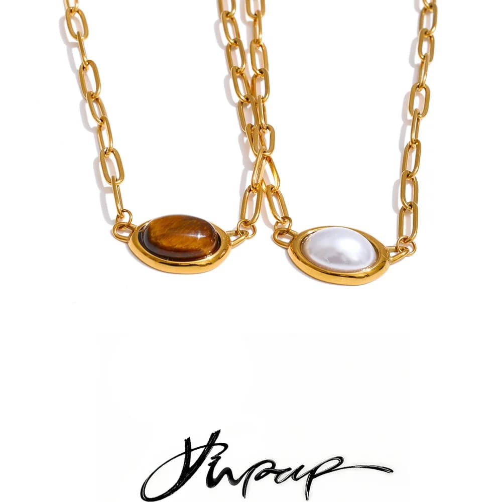 Yhpup Collana con ciondolo perla imitazione pietra tigre naturale per donna Regalo di gioielli al collo alla moda in acciaio inossidabile placcato oro 18 carati