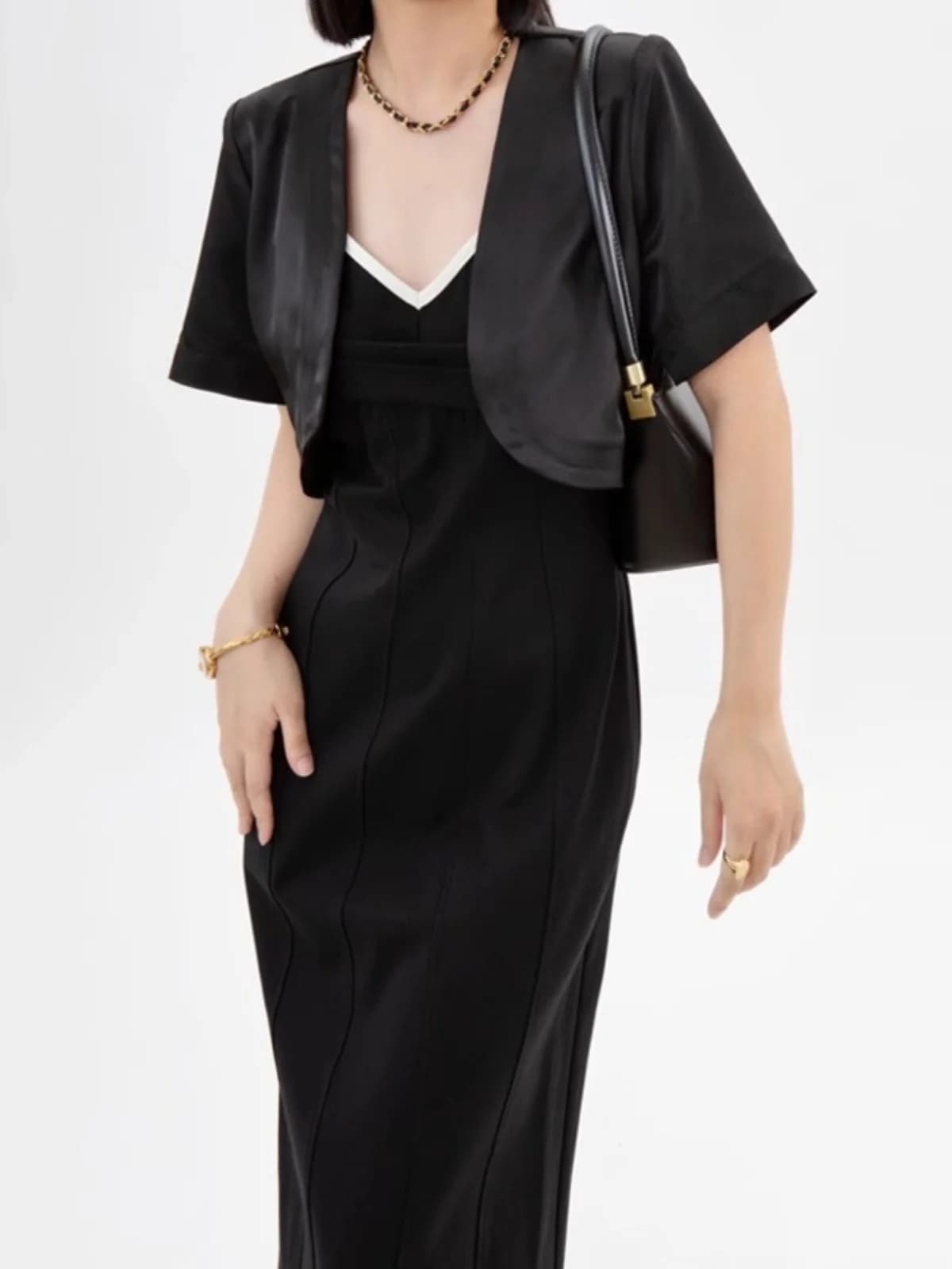 Giacca Corta con Spalline da Donna, Senza Colletto, Manica Corta, Sottile, Estiva, Abbinabile a Vestito Halter, Cardigan Esterno