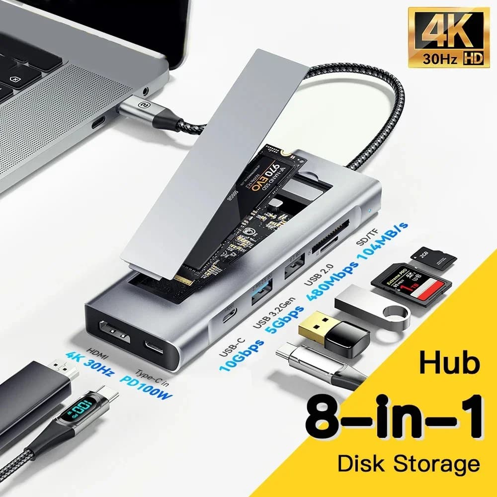 HUB USB 8 in 1 con funzione di archiviazione su disco Dock station USB splitter da tipo C a HDMI compatibile per laptop MacBook Pro Air