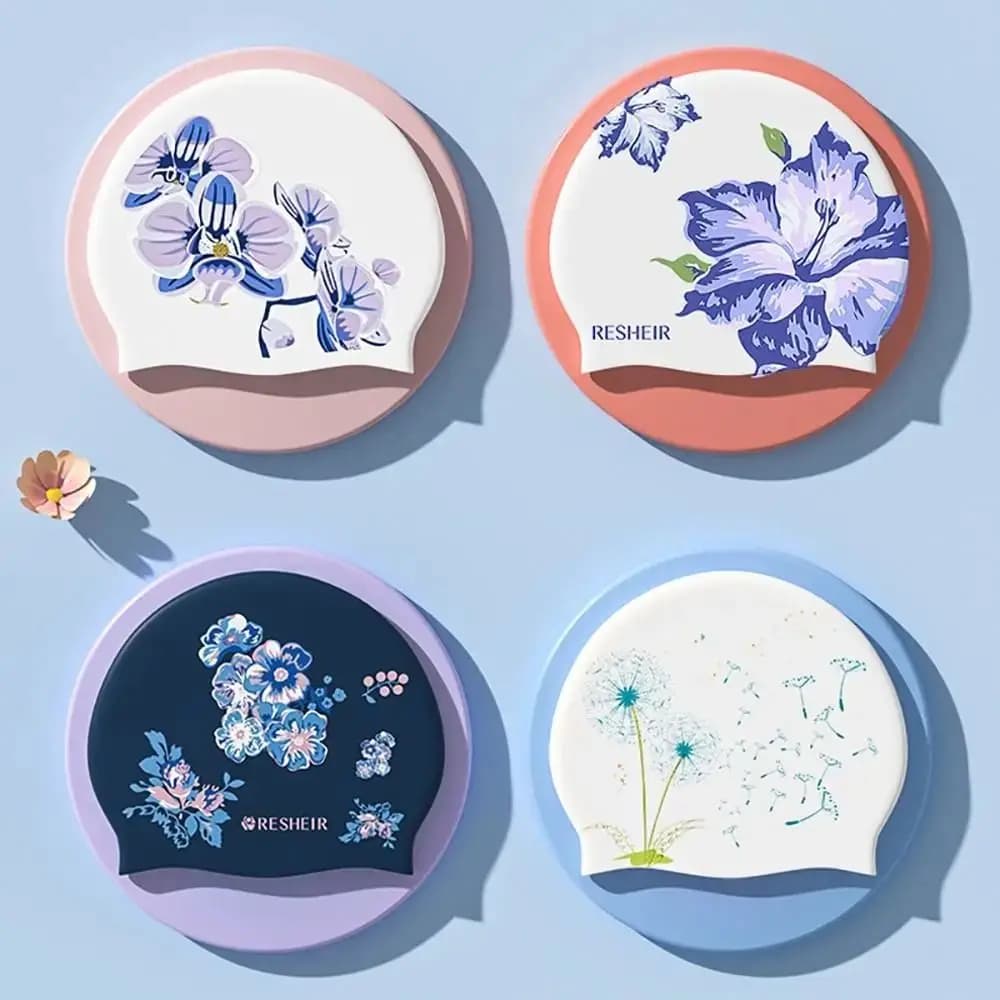 Swimming Accessories Silicone Swimming Cap Flower Pattern Waterproof Diving Cap Elastic Long Hair Bathing Cap Hot Spring