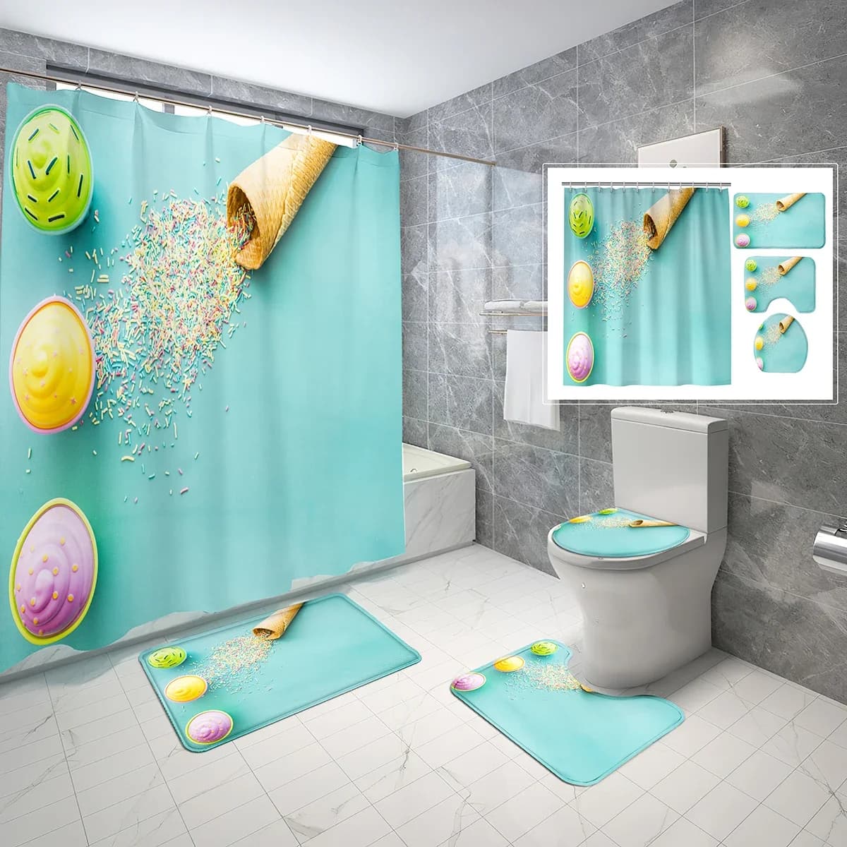 Set di 4 Pezzi: Tenda Doccia a Cono Gelato, Tappetino Antiscivolo per Bagno con Sfondo Verde, Tenda Doccia Impermeabile e Copriwater