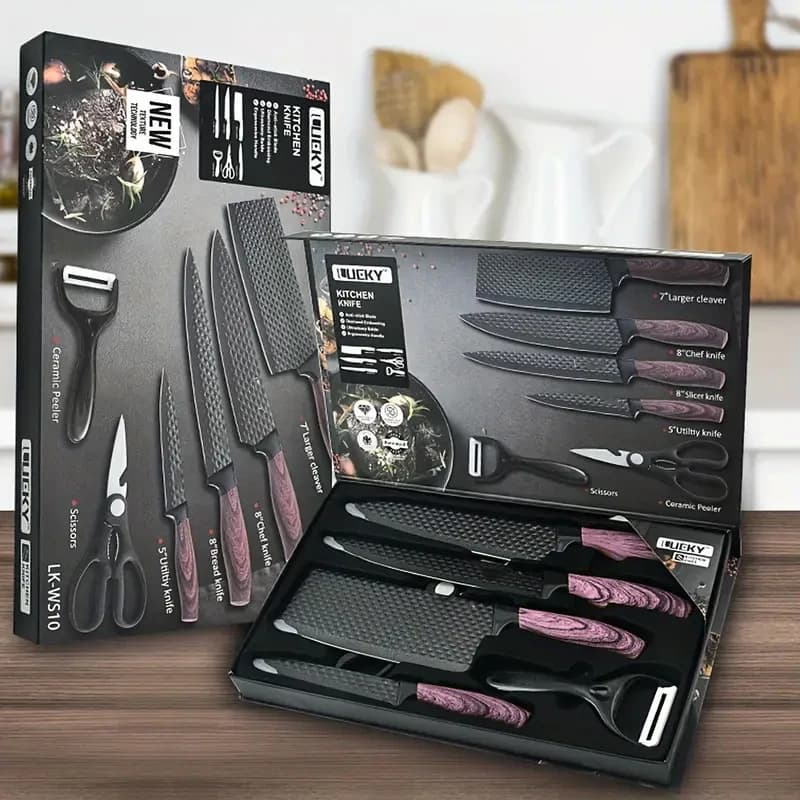 Set di coltelli da cucina professionali da 6 pezzi, lama da taglio affilata con struttura a martello, coltello per affettare carne e salmone, coltelli da cucina