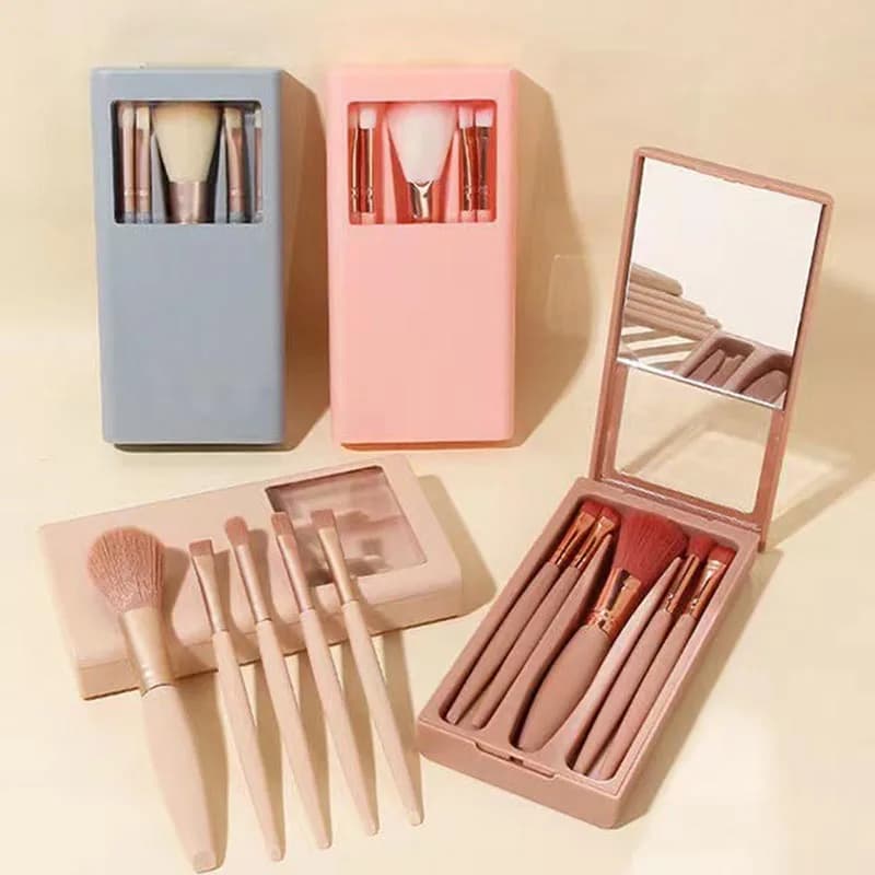 Set di mini pennelli per trucco da 5 pezzi con custodia a specchio, pennelli cosmetici portatili con setole morbide per ombretto, fondotinta, fard