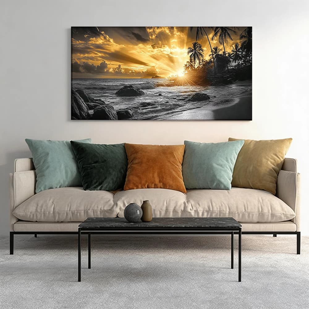 Painted on canvas with frame in large wood, 1 piece, Sunset on the beach, silhouette of palm trees.