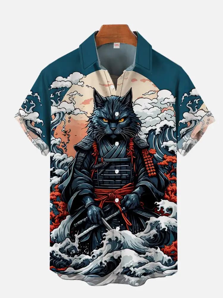 Camicia da uomo Drago Stampa Casual Quotidiano Top Stampa 3D Camicia a maniche corte Moda estiva Camicie hawaiane Samurai Cat unisex