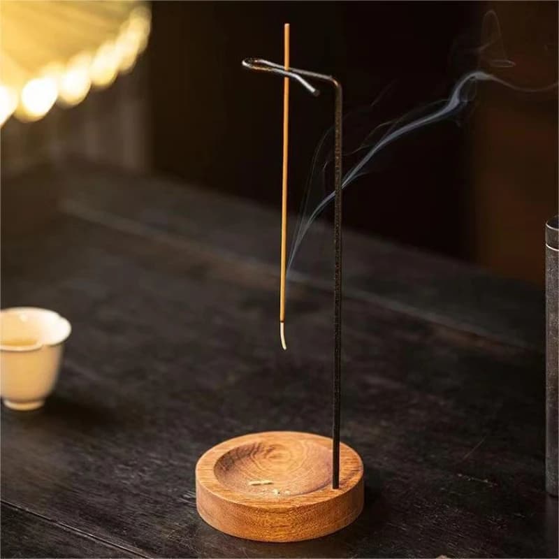 Bruciatore di incenso capovolto per bastoncini di incenso da appendere in metallo con base in legno Portaincenso Zen in legno di sandalo OUDH